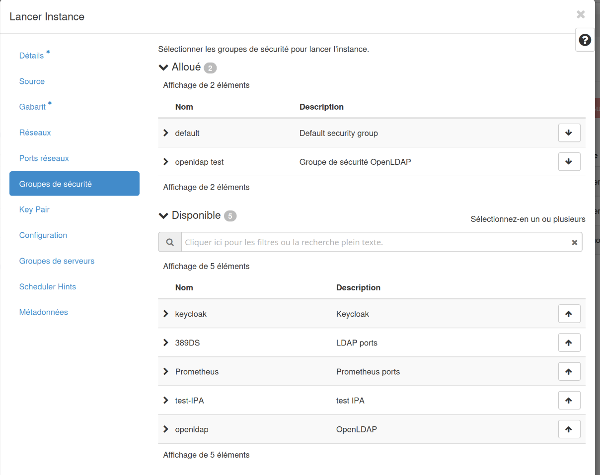 Choix des groupes de sécurité
